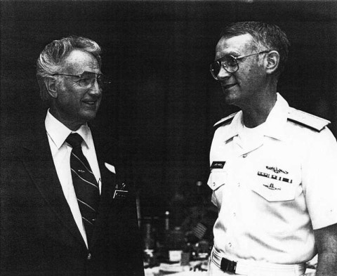 William Tompkins (left) in 2000 with Admiral Larry Marsh at the Southern Oregon Navy League Council. 