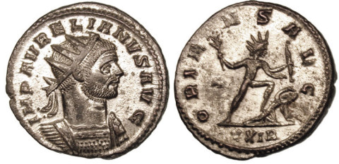 Aurelian in his radiate crown, on a silvered bronze coin struck at Rome, 274–275