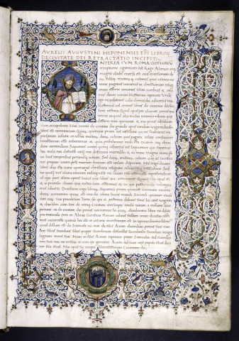 De Civitate Dei (full title: De Civitate Dei contra Paganos, translated in English as The City of God Against the Pagans) is a book of Christian philosophy written in Latin by Augustine of Hippo in the early 5th century AD. — Folio 1r from a manuscript of Augustine's, City of God (De Civitate Dei) (New York Public Library, Spencer Collection MS 30) from 1470.