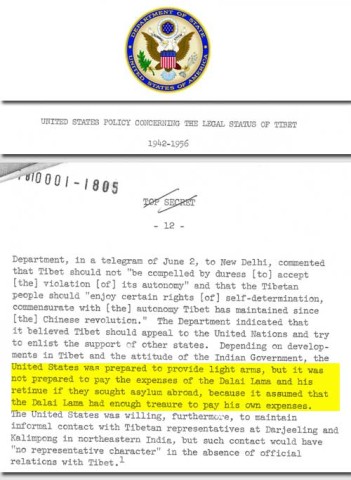 The declassified documents show that the Dalai Lama received a personal subsidy from the US government – a covert payment arranged by the CIA – of 180,000 US Dollars per year from 1959 through till at least 1974. To put this in a modern context 180,000 dollars in the 1950s would be worth nearly 1.5 million today, and 180,000 dollars in the seventies would be worth nearly 800,000 today. 