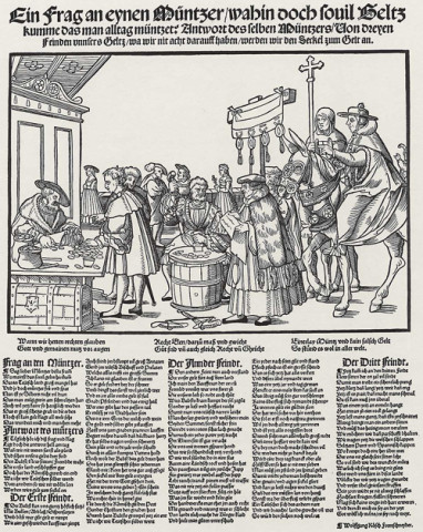 Johann Tetzel, famous Dominican monk and Indulgence merchant: Sale of Indulgences shown in A Question to a Mintmaker, woodcut by Jörg Breu the Elder of Augsburg, 1530