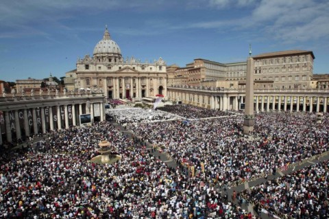John Paul II: 1.5 million people attend a ceremony on May 1, 2011, in St. Peter’s Square in which Pope Benedict XVI beatifies John Paul II. Faithful crowd in St. Peter's square during a solemn celebration led by Pope Benedict XVI at the Vatican where late Pope John Paul II was beatified, Sunday, May 1, 2011, in the fastest beatification in modern times. He died April 2, 2005. (AP Photo/Gregorio Borgia)