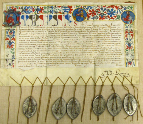 Papež může i hříchy odpouštět: odpustková listina z roku 1516. Plíšky na provázcích jsou zbytky pečetí. ELCA Archives.
