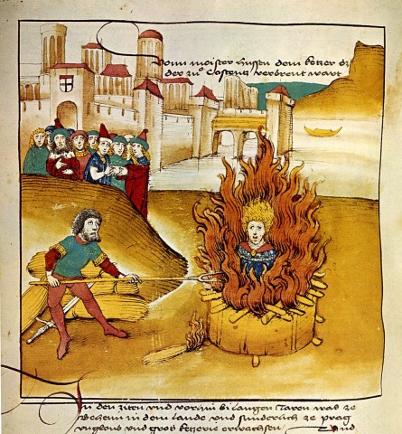 Jan Hus kritizoval mravní úpadek, v němž se ocitla katolická církev. Ta ho označila za kacíře, jeho učení za herezi a exkomunikovala jej. Nezapomeňte: papa má vždy pravdu! Roku 1415 byl upálen. Jak láskyplné. Ilustrace: Spiezer Chronik, 1485.
