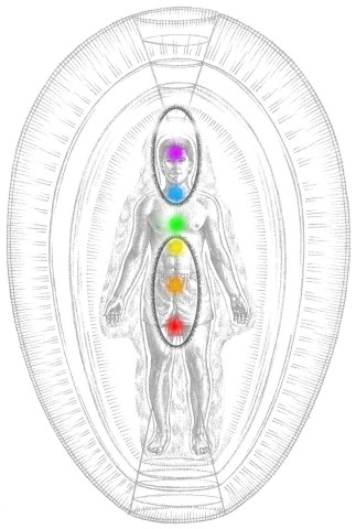 Horní elipsa, čakry 5–7 patří duchovnímu člověku, duchu; Spodní elipsa, čakry 1–3 patří hmotnému člověku, egu; 4. čakra lásky mezi nimi tvoří most – ze dvou činí jedno.