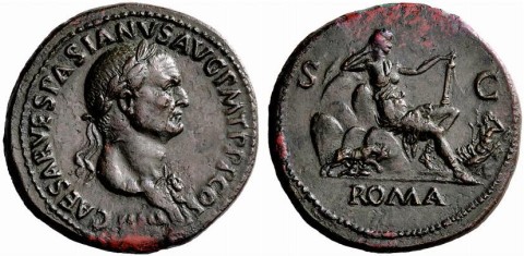 Coin issued by Vespasian: Roma was the goddess that symbolized city of Rome-enthroned upon hills of Rome