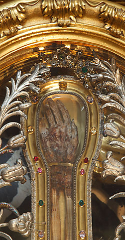 The hand of St. Francis Xavier is seen in a reliquary at the Jesuits’ Church of the Gesu in Rome Sept. 8. Relics of holy people have been venerated since early Christianity. (CNS photo/Paul Haring)